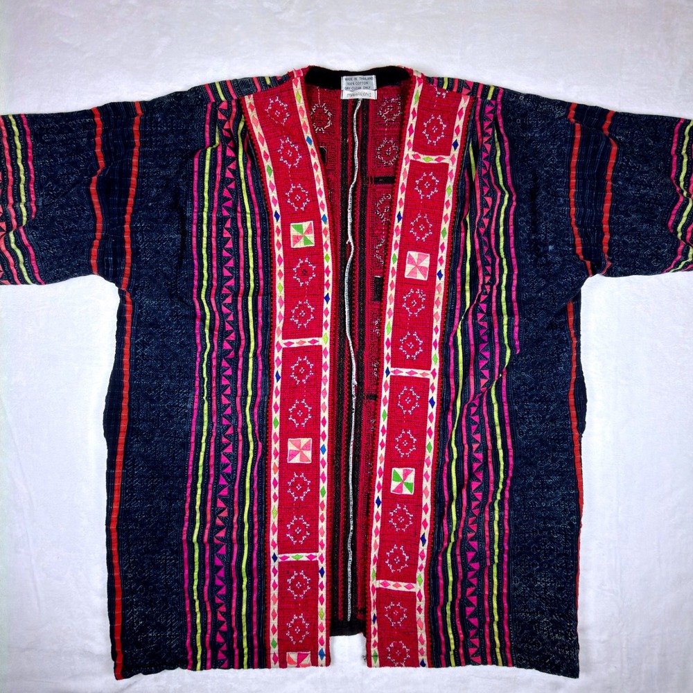 Vintage Maharani Thailand Cotton Kimono Jacket Embroidered Boho Handmade RARE